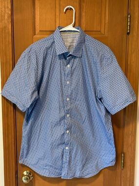 Bugatchi Men’s Fun Blue Geometric Short-Sleeve Button-Down Shirt Size XL